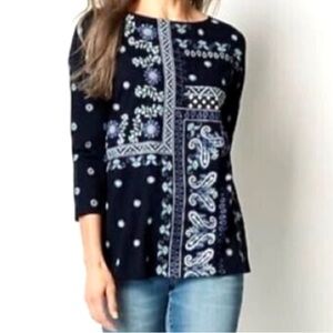 J. Jill Navy and White Flagstaff Patterned Embroidered Blouse